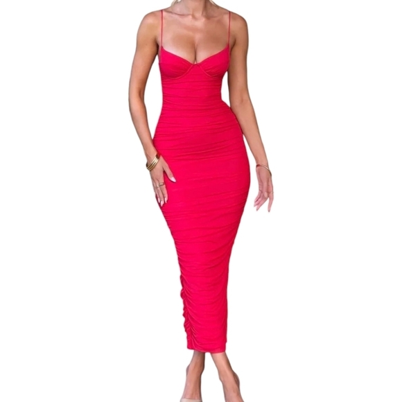 Babyboo Rochelle Maxi Dress L Red Mesh Bodycon Plunge Neckline NEW Vixen Party - Picture 1 of 15